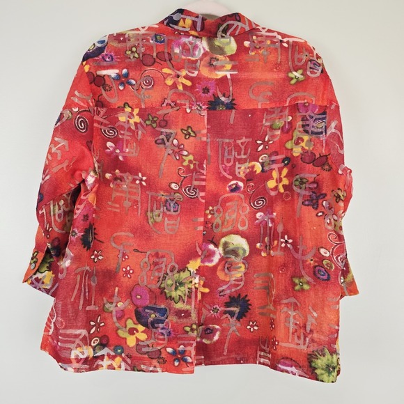 Chicos Women Large (2) Red Button Up Shirt Asian Inspired Sheer Linen Blend.A52‎ - Picture 4 of 11